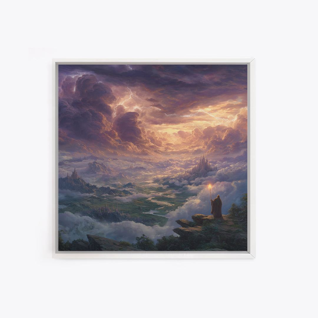 Storm Wizard Over Cloud Kingdom Wall Art, Epic Fantasy Landscape Canvas Print, Dark Academia Office Decor, Large Gift For Him
