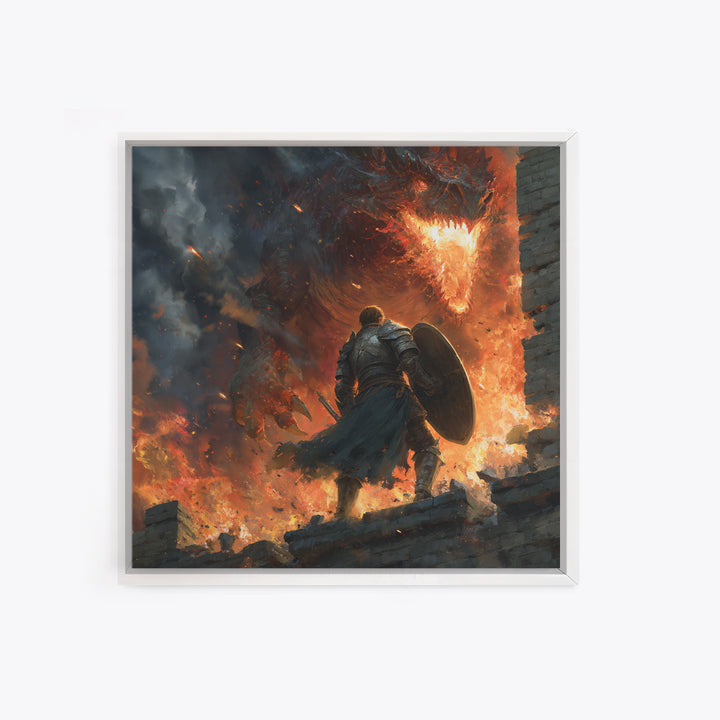 Knight Facing Fire Dragon Wall Art, Dark Fantasy Canvas Print, Medieval Battle Decor, Large Gothic Gamer Room Gift For Him
