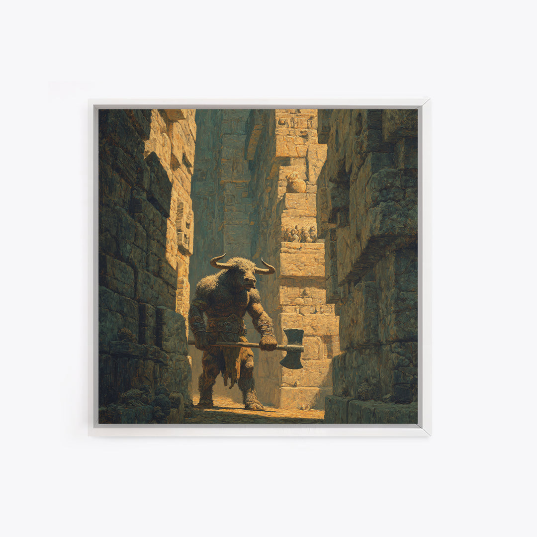 Minotaur In Ancient Stone Alley Wall Art, Mythological Fantasy Canvas Print, Rustic Medieval Decor, Man Cave Gift For Him