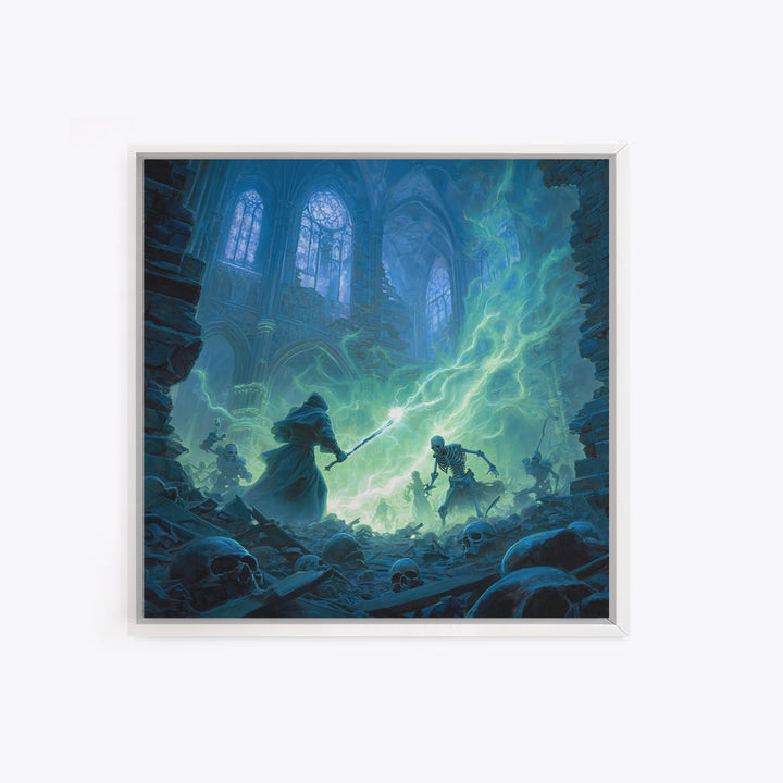 Wizard Versus Skeleton Army Wall Art, Gothic Fantasy Canvas Print, Dark Cathedral Magic Decor, Spooky Halloween Gift For Him