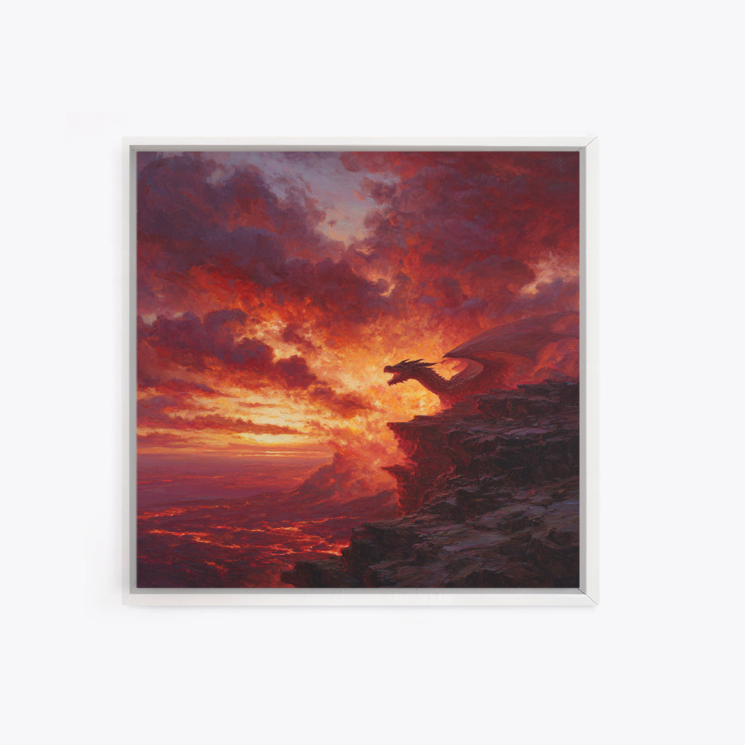 Red Dragon At Volcanic Sunset Wall Art, Dark Fantasy Canvas Print, Lava Landscape Decor, Large Moody Gamer Room Gift For Him
