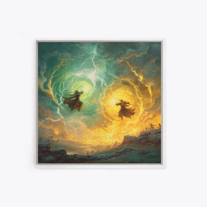 Dueling Mages With Lightning Portals Wall Art, Epic Fantasy Canvas Print, Magical Landscape Decor, Large Gamer Room Gift For Him