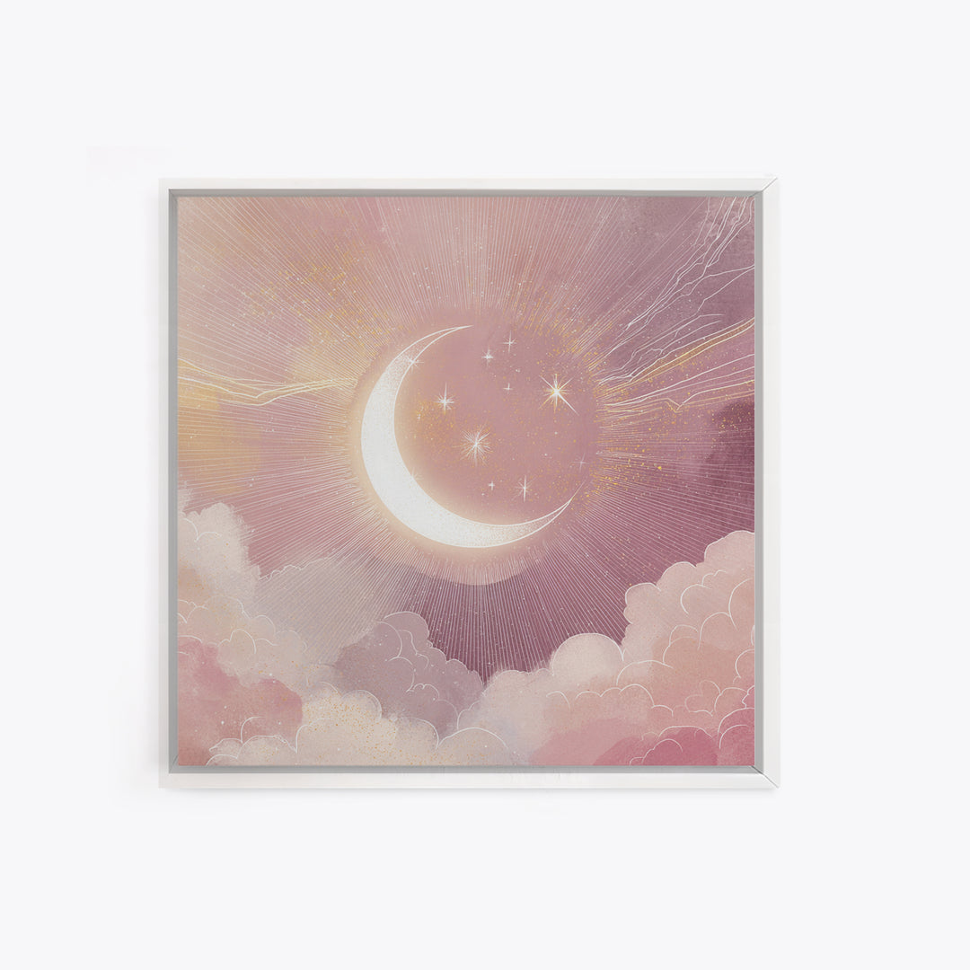 Crescent Moon In Pink Clouds With Stars Wall Art, Celestial Nursery Decor, Mystical Pastel Bedroom Print, Boho Moon Gift