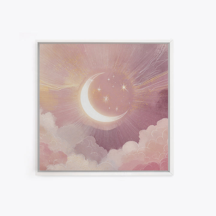 Crescent Moon In Pink Clouds With Stars Wall Art, Celestial Nursery Decor, Mystical Pastel Bedroom Print, Boho Moon Gift