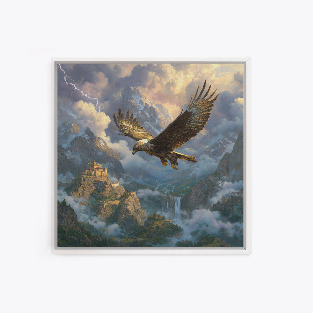 Soaring Eagle Over Stormy Mountain Castle Wall Art, Fantasy Landscape Canvas, Dramatic Wildlife Decor, Epic Gift For Him