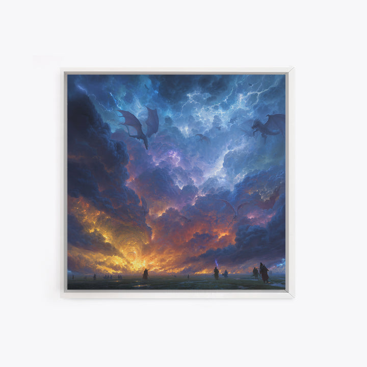 Lightning Dragons In Storm Clouds Canvas Print, Dark Fantasy Wall Art, Epic Gaming Room Decor, Dramatic Sky Gift For Him