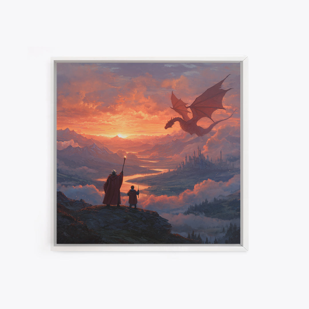 Sunset Dragon Over Mountain Valley Framed Canvas Print, Fantasy Castle Wall Art, Wizard Adventure Decor, Epic Gift For Him