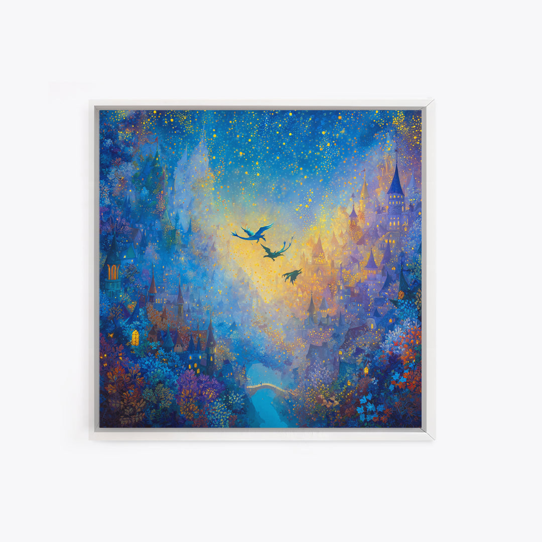 Blue Enchanted City With Golden Stars Canvas Print, Whimsical Fairy Tale Wall Art, Fantasy Castle Decor, Magical Gift For Her