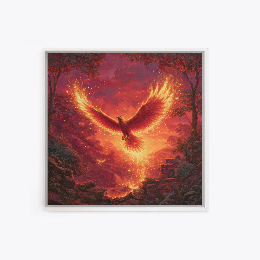 Fiery Phoenix Rising In Red Forest Canvas Print, Mythical Bird Wall Art, Epic Fantasy Wildlife Decor, Dramatic Gift For Her