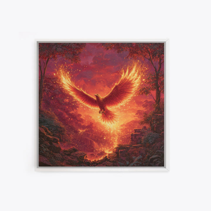 Fiery Phoenix Rising In Red Forest Canvas Print, Mythical Bird Wall Art, Epic Fantasy Wildlife Decor, Dramatic Gift For Her