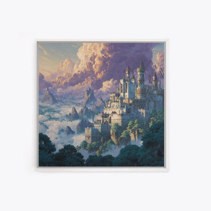 Majestic White Castle Above Clouded Mountains Wall Art, Fantasy Landscape Canvas Print, Fairytale Home Decor Gift For Her
