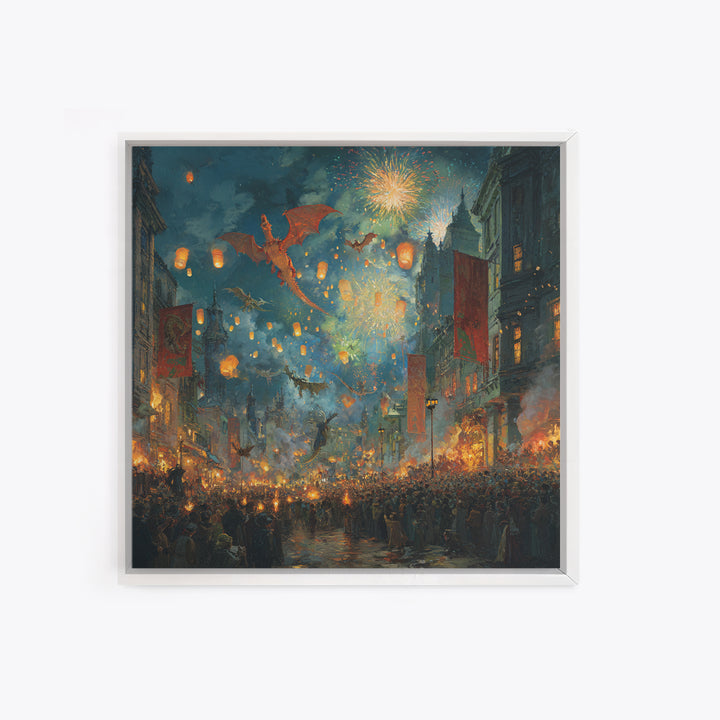 Dragon Festival Over Lantern Lit Medieval City Canvas Print, Fantasy Celebration Wall Art, Fireworks Decor, Epic Gift For Him