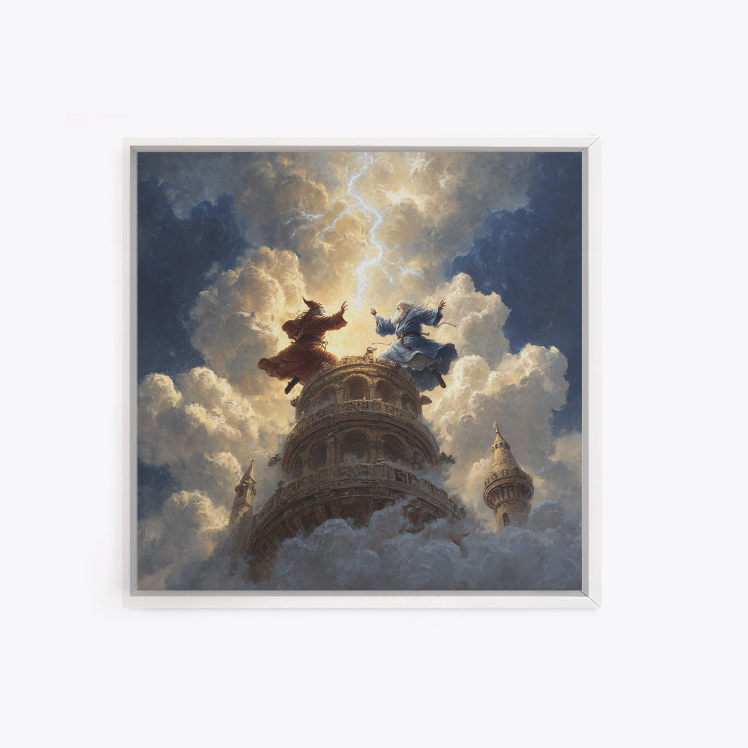 Wizards Dueling Atop Tower In Storm Clouds Wall Art, Dark Fantasy Canvas Print, Lightning Magic Decor, Epic Gift For Him