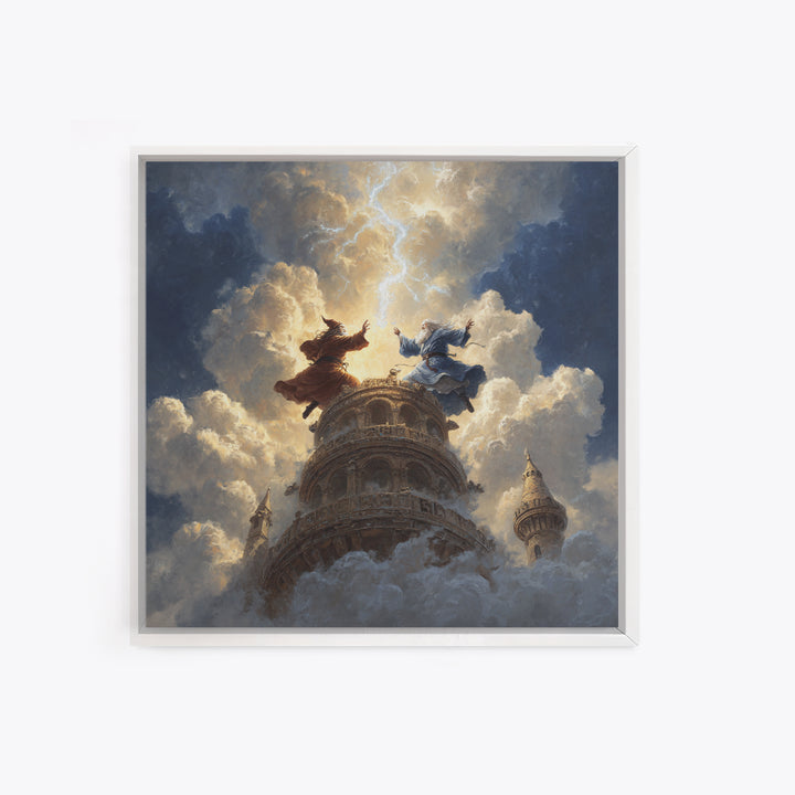 Wizards Dueling Atop Tower In Storm Clouds Wall Art, Dark Fantasy Canvas Print, Lightning Magic Decor, Epic Gift For Him