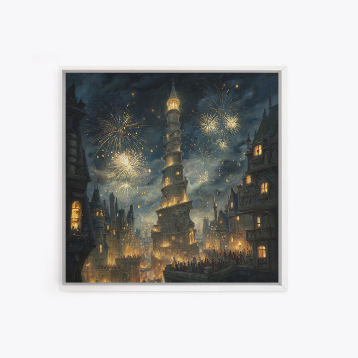 Fireworks Over Leaning Fantasy Tower Framed Canvas Print, Medieval Magical City Wall Art, Night Festival Decor, Gift For Her