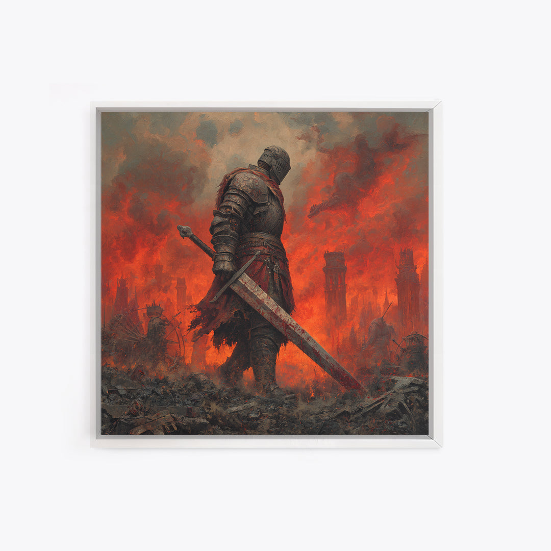 Armored Knight In Burning Battlefield Wall Art, Dark Fantasy Canvas Print, Medieval Warrior Decor, Gothic Game Room Art Print