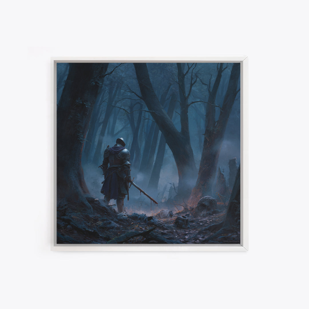 Lone Knight In Misty Blue Forest Wall Art, Dark Fantasy Canvas Print, Medieval Warrior Decor, Gothic Office Art Print Gift