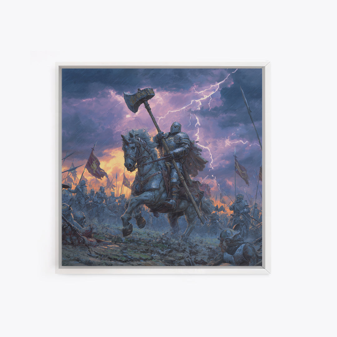 Mounted Knight With War Axe Wall Art, Medieval Battle Canvas Print, Stormy Fantasy Decor, Gothic Warrior Gift For Him Print