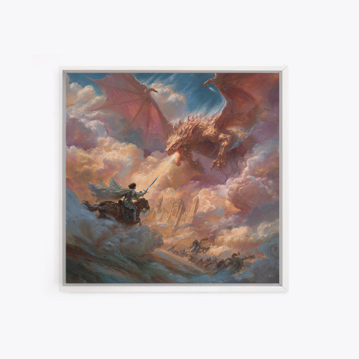 Hero Knight Facing Twin Dragons Wall Art, Epic Fantasy Canvas Print, Dragon Battle Decor, Medieval Adventure Gift For Him