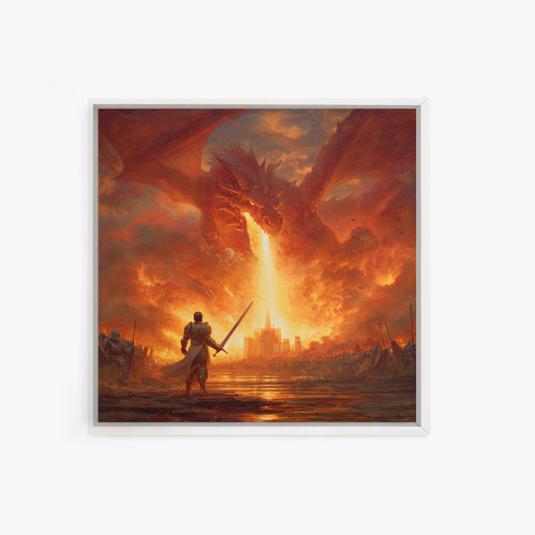 Giant Fire Dragon Over Castle Wall Art, Epic Fantasy Canvas Print, Large Medieval Battle Decor, Dragon Lover Gift For Him