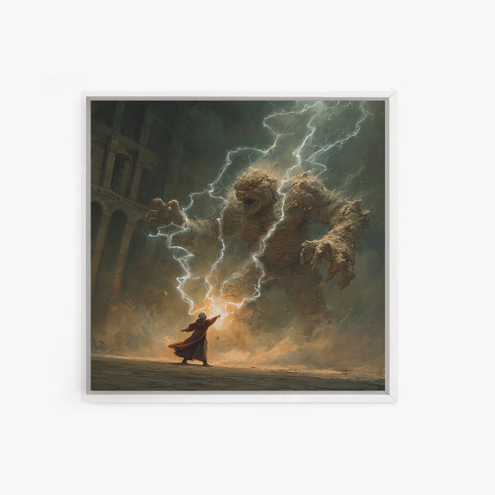 Wizard Battling Lightning Stone Golem Wall Art, Dark Fantasy Canvas Print, Magic Ruins Decor, Epic Sorcerer Art Gift Print