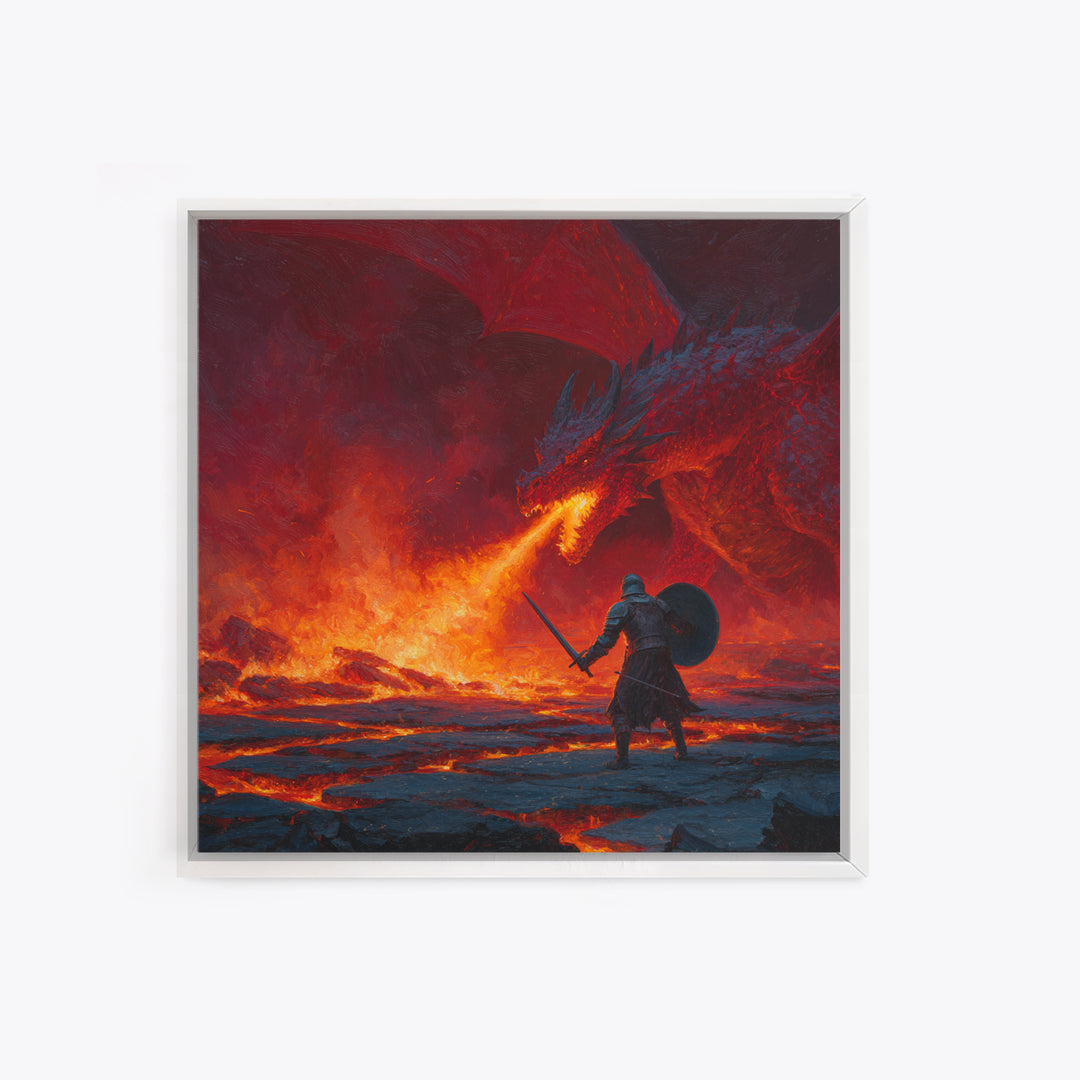 Red Dragon Breathing Fire At Knight Wall Art, Dark Fantasy Canvas Print, Lava Battle Decor, Gothic Medieval Art Gift Print