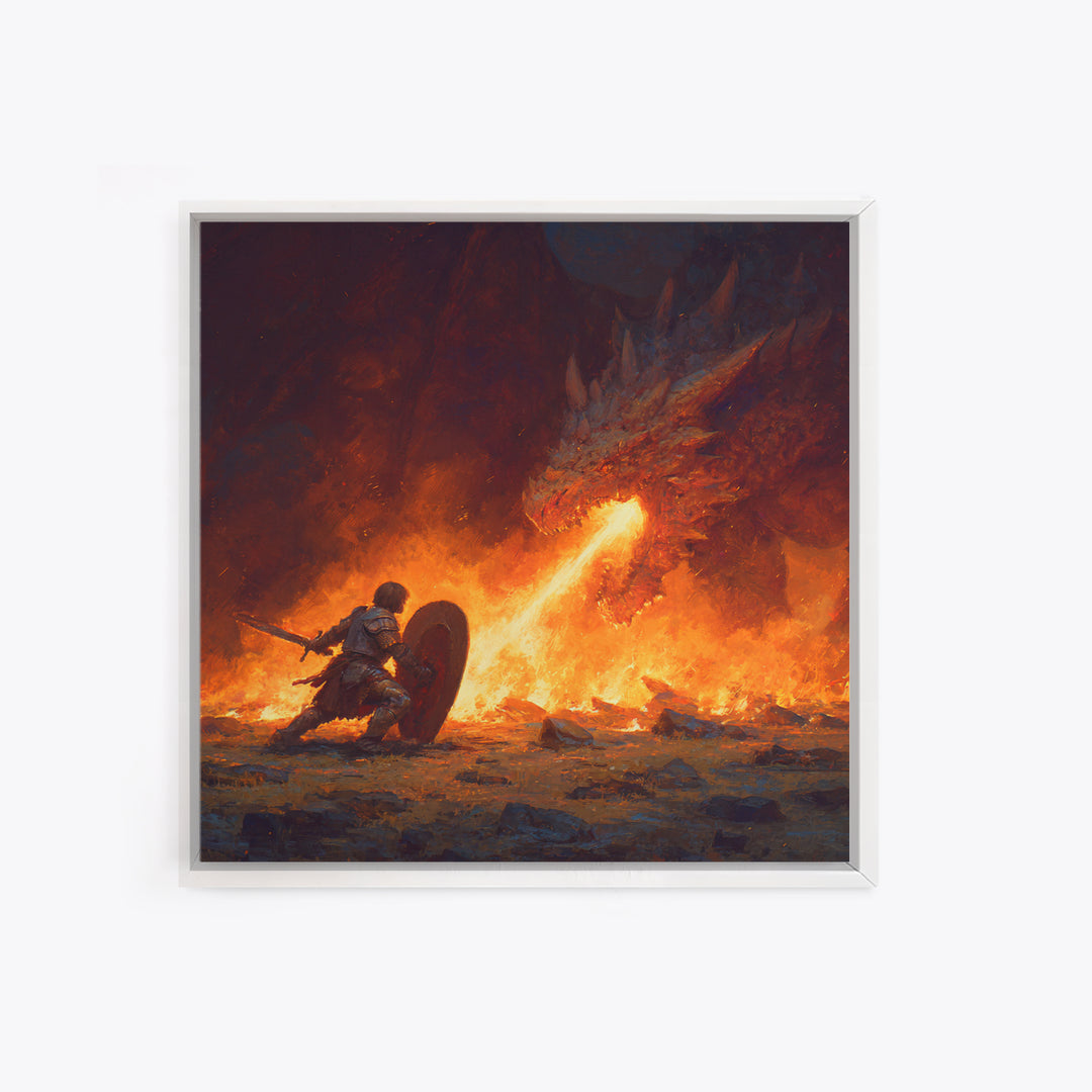 Knight Shielding From Dragon Fire Wall Art, Fantasy Canvas Print, Medieval Battle Decor, Gothic Warrior Gift For Him Print