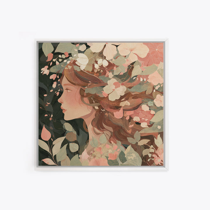 Botanical Woman Profile With Flowing Hair And Cream Flowers Wall Art, Art Nouveau Floral Print, Feminine Boho Living Room Decor Gift