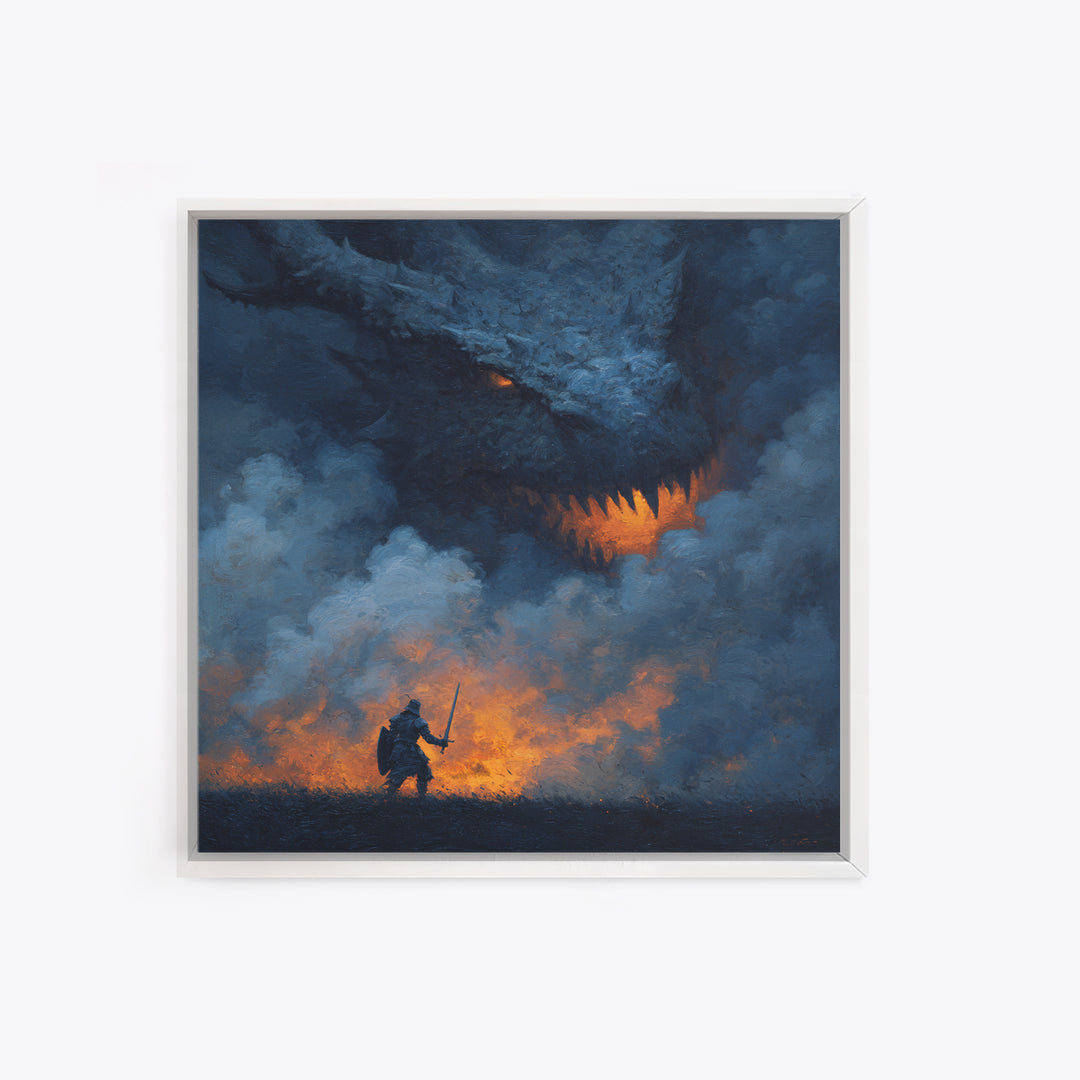 Dragon Looming Over Lone Knight In Smoke, Dark Fantasy Wall Art, Medieval Warrior Canvas Print, Gothic Game Room Decor Gift