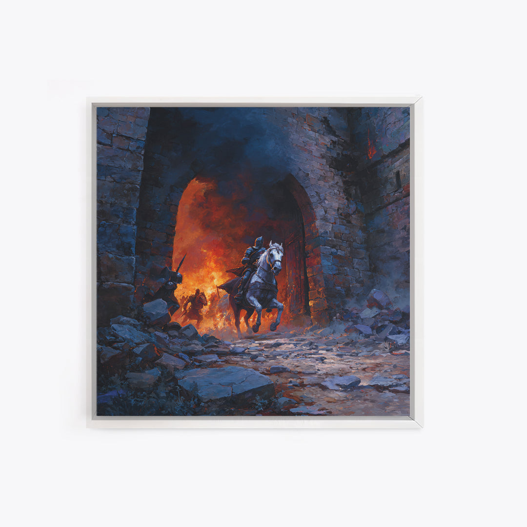 Mounted Knight Escaping Burning Castle Gate, Dark Fantasy Wall Art, Medieval Battle Canvas Print, Gothic Living Room Decor