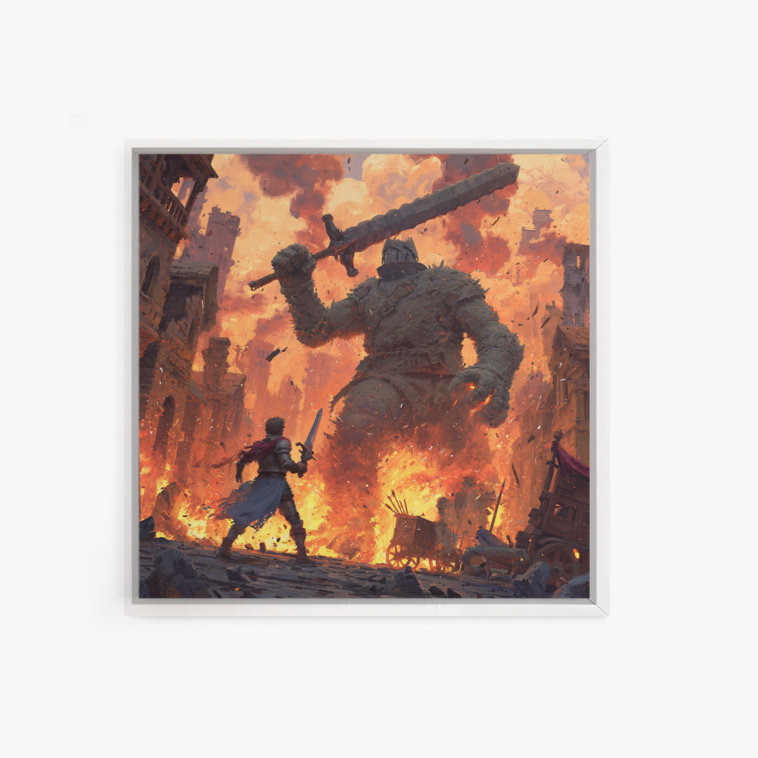 Giant Stone Warrior In Blazing City, Epic Fantasy Wall Art, Medieval Hero Canvas Print, Dramatic Game Room Decor Gift For Him