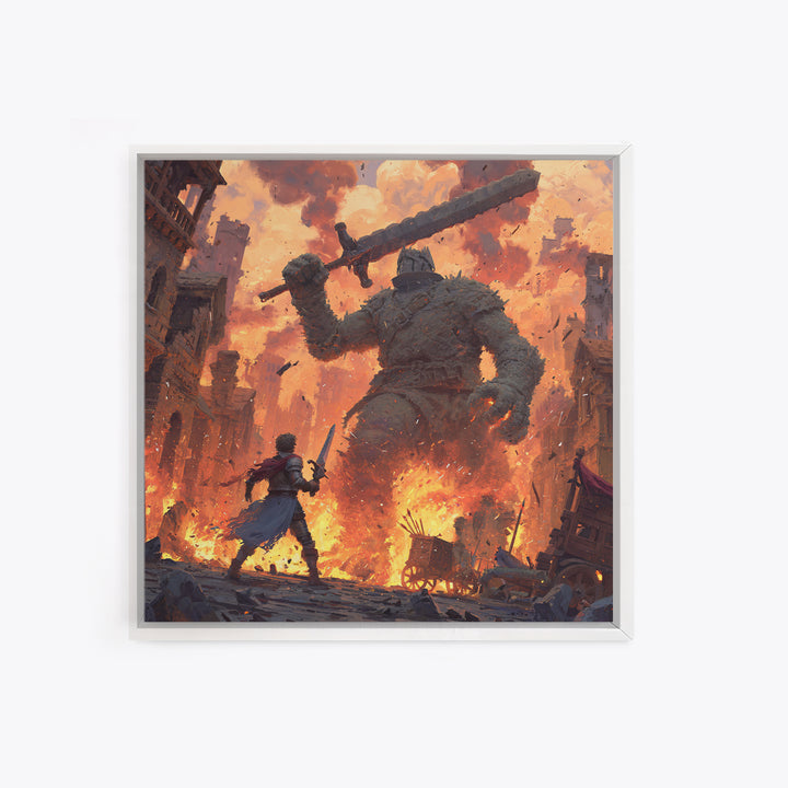 Giant Stone Warrior In Blazing City, Epic Fantasy Wall Art, Medieval Hero Canvas Print, Dramatic Game Room Decor Gift For Him