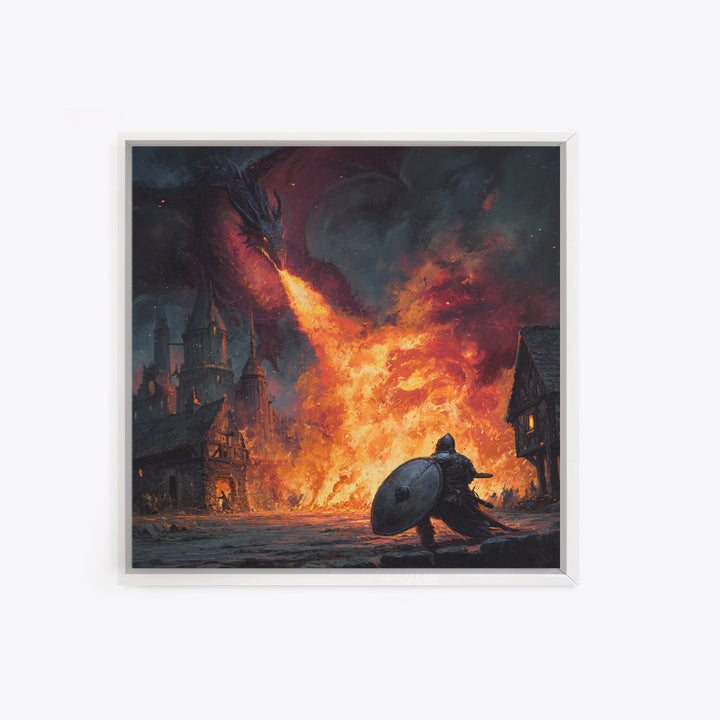 Fire Breathing Dragon Above Shielded Knight, Dark Fantasy Wall Art, Medieval Village Canvas Print, Gothic Castle Decor Gift
