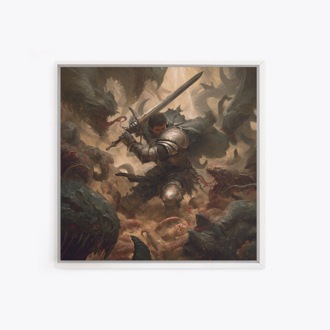 Armored Warrior Battling Monsters With Sword, Dark Fantasy Wall Art, Medieval Knight Canvas Print, Gothic Dungeon Decor Gift