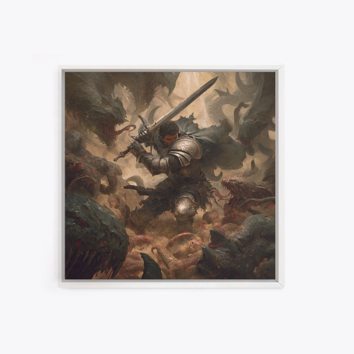 Armored Warrior Battling Monsters With Sword, Dark Fantasy Wall Art, Medieval Knight Canvas Print, Gothic Dungeon Decor Gift