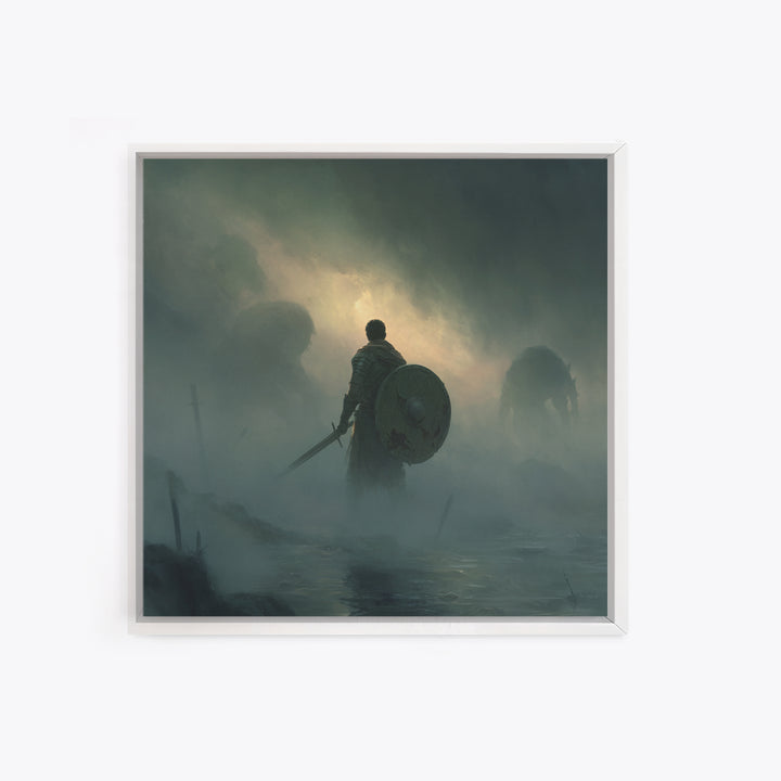 Lone Knight Facing Shadow Giants In Fog, Moody Fantasy Wall Art, Medieval Warrior Canvas Print, Dark Academia Decor Gift