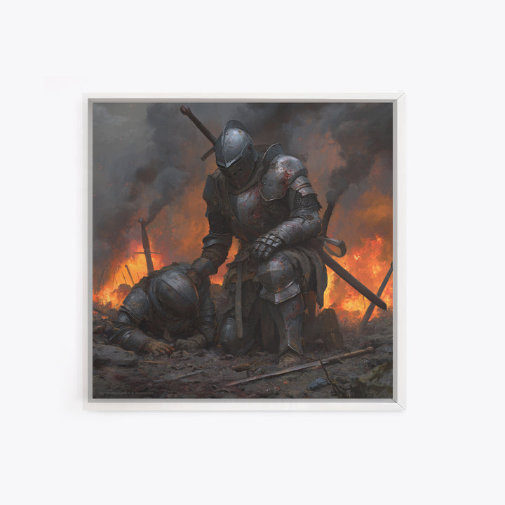 Bloodied Knight Kneeling On Fiery Battlefield, Dark Fantasy Wall Art, Medieval Armor Canvas Print, Gothic Warrior Decor Gift