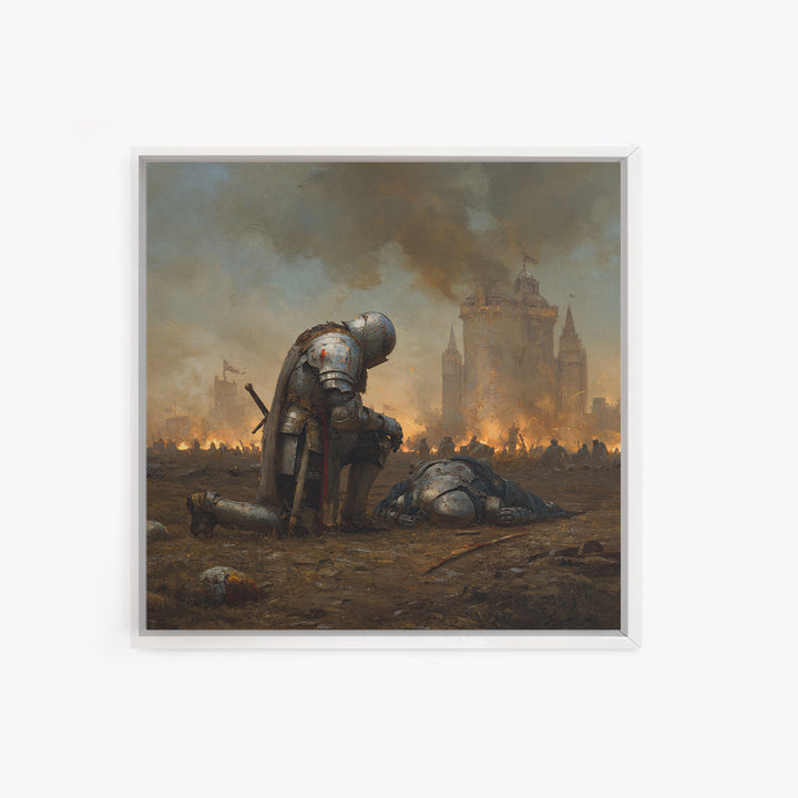Kneeling Knight In War Torn Field By Castle, Medieval Wall Art, Dark Fantasy Canvas Print, Moody Living Room Decor Gift For Him