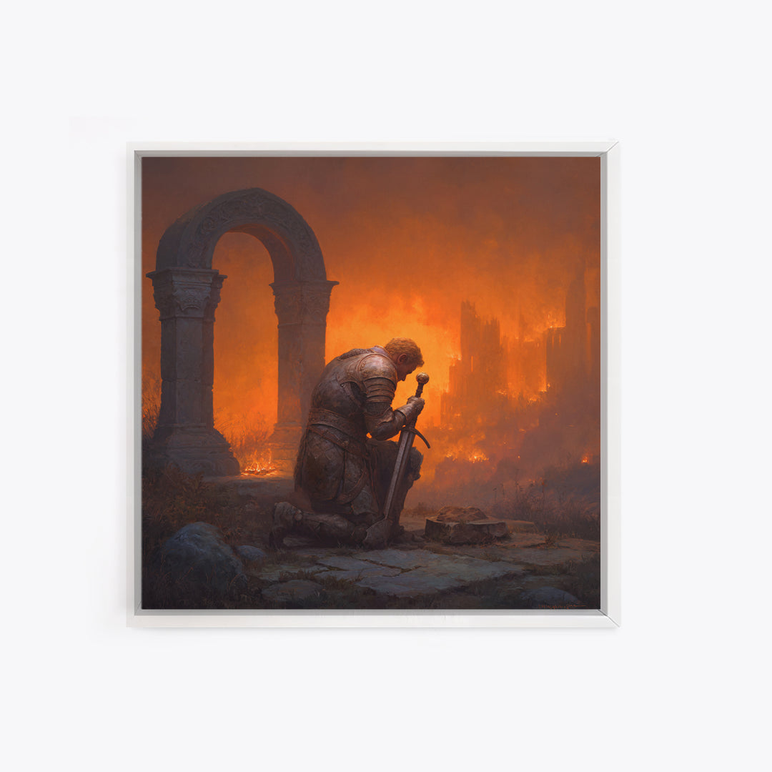 Knight Praying Beside Sword In Burning Ruins, Dark Fantasy Wall Art, Medieval Canvas Print, Gothic Castle Decor Gift For Him