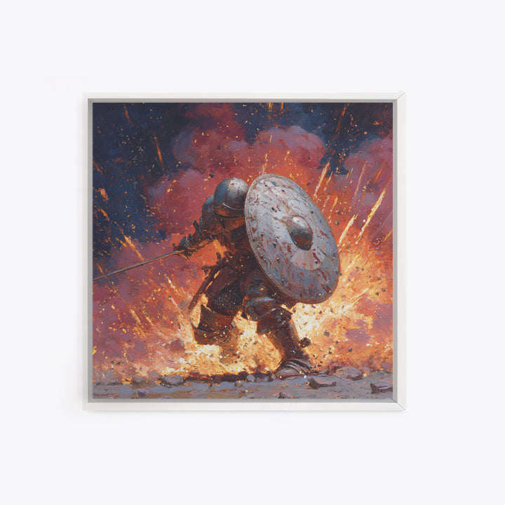 Shielded Knight Charging Through Exploding Fire, Dark Fantasy Wall Art, Medieval Battle Canvas Print, Gothic Game Room Decor