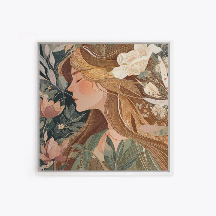 Blonde Woman In Blooming Garden Wall Art, Art Nouveau Floral Canvas Print, Feminine Botanical Decor, Romantic Bedroom Art