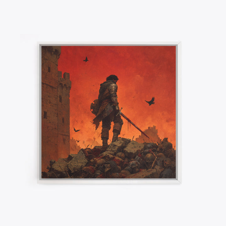 Lone Medieval Warrior On Red Battlefield Wall Art, Dark Fantasy Castle Canvas, Gothic Knight Decor, Dramatic Game Room Print
