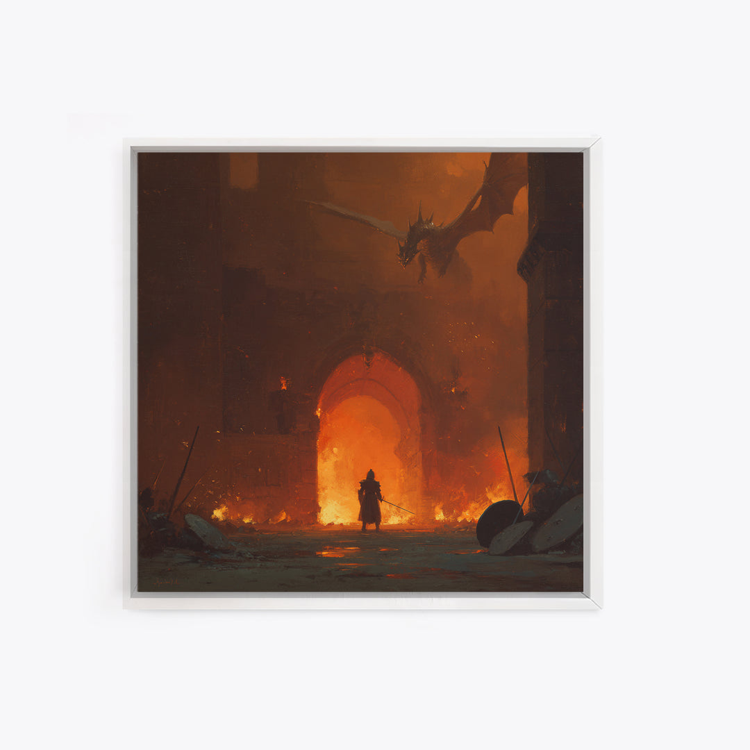 Dragon Above Burning Castle Gate Framed Canvas Print, Dark Fantasy Wall Art, Medieval Warrior Decor, Gothic Game Room Poster