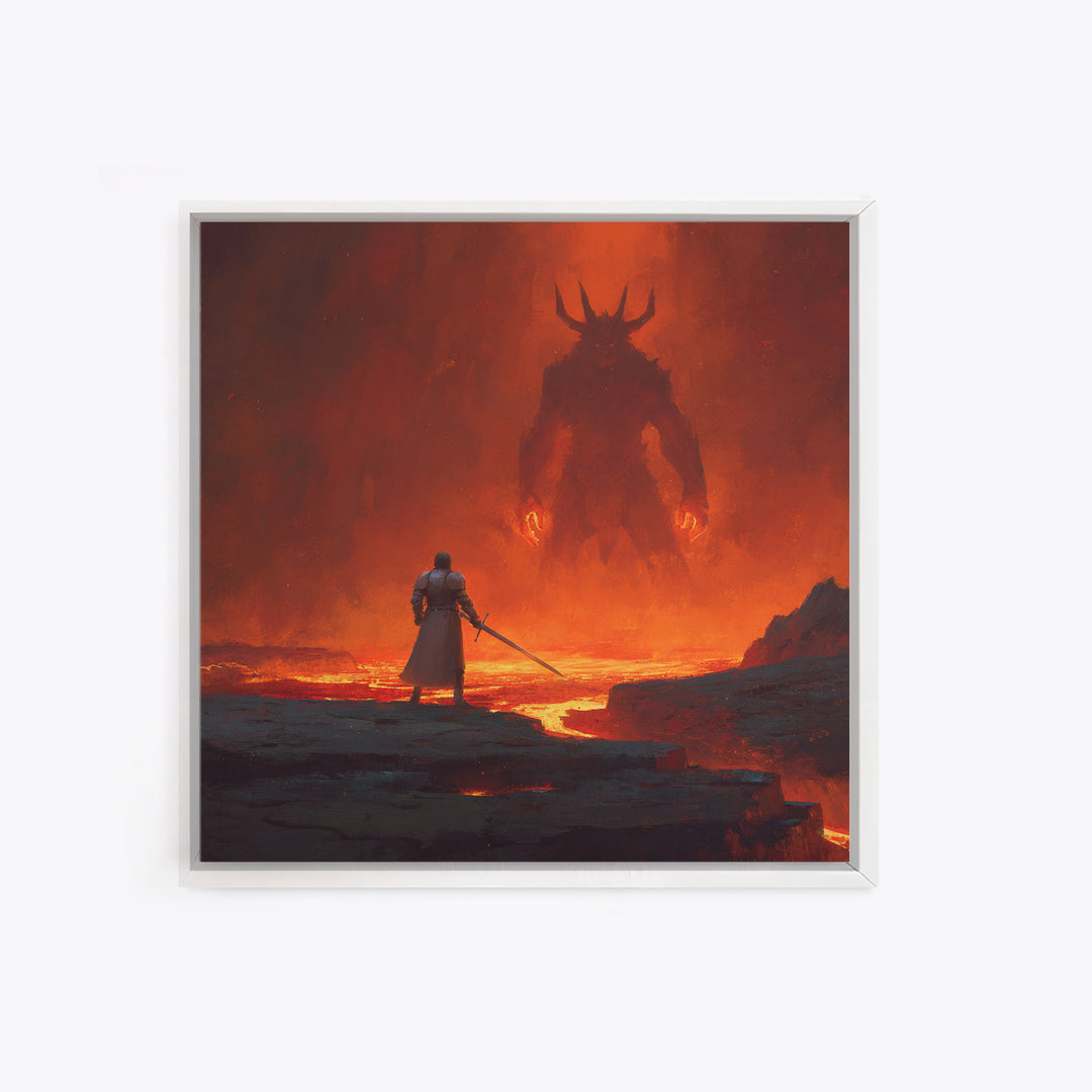 Knight Facing Fiery Demon In Lava Realm Canvas Print, Dark Fantasy Wall Art, Gothic Battle Decor, Epic Gaming Room Poster