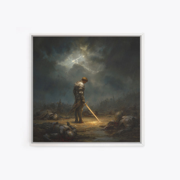 Stormlit Knight With Glowing Sword Wall Art, Dark Fantasy Battlefield Print, Gothic Medieval Decor, Dramatic Office Wall Art