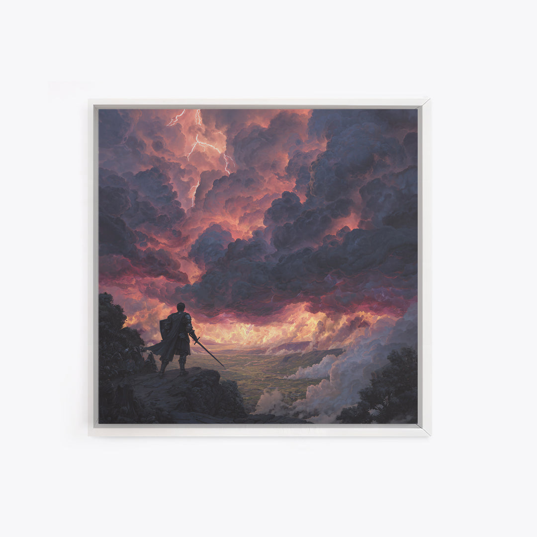 Warrior Beneath Thundercloud Sky Canvas Print, Dramatic Fantasy Landscape Wall Art, Lightning Storm Decor, Moody Wall Decor