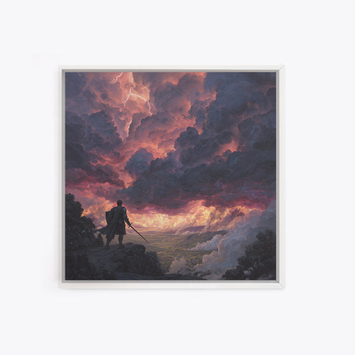 Warrior Beneath Thundercloud Sky Canvas Print, Dramatic Fantasy Landscape Wall Art, Lightning Storm Decor, Moody Wall Decor