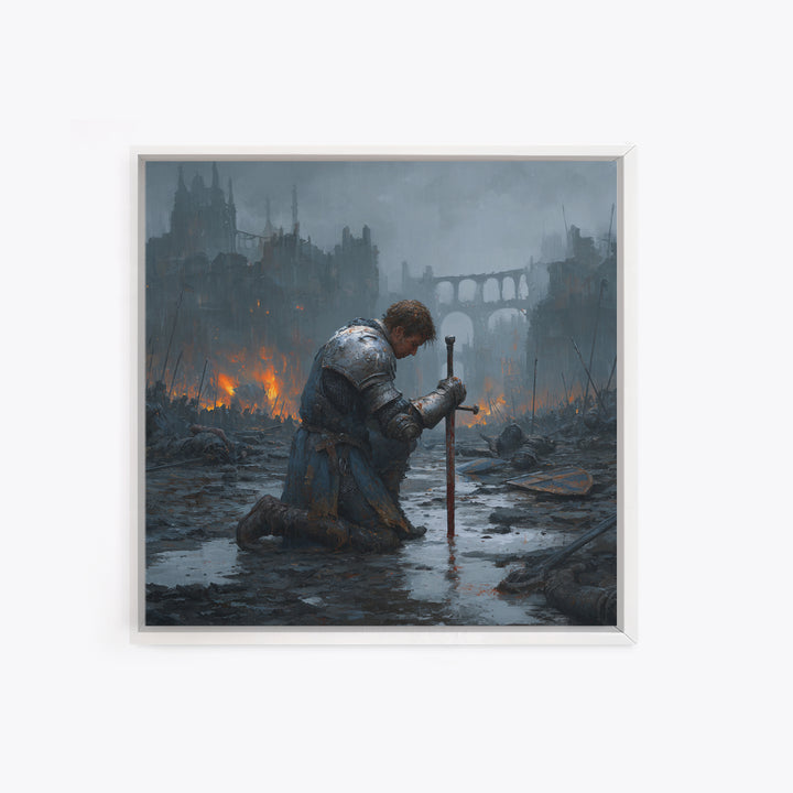 Kneeling Knight In Rainy Ruins Framed Canvas Print, Dark Fantasy Wall Art, Medieval Castle Decor, Moody Battlefield Art Print