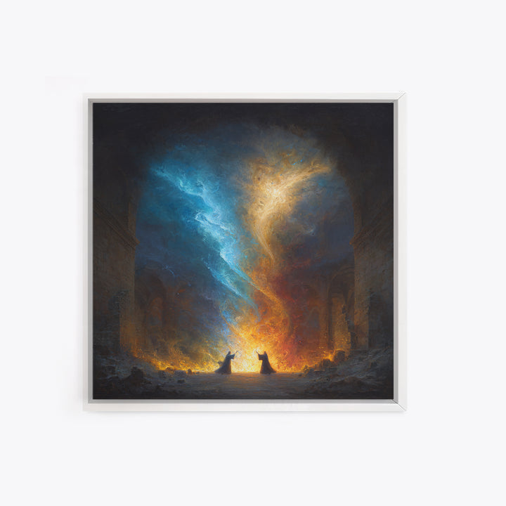 Twin Mages Casting Blue Gold Spell Canvas Print, Fantasy Magic Wall Art, Mystical Abstract Energy Decor, Wizard Wall Art