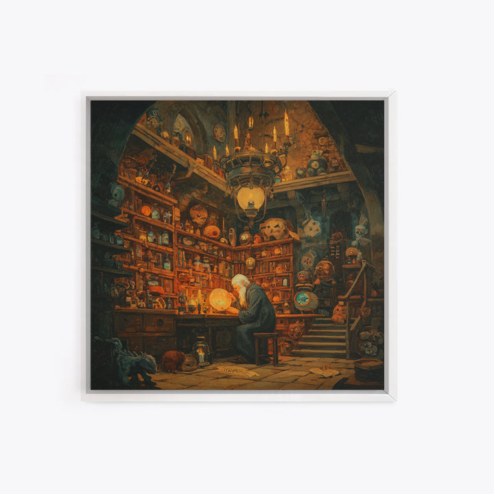 Old Wizard In Magical Curiosity Shop Wall Art, Fantasy Library Decor, Whimsical Alchemist Canvas, Dark Academia Home Decor Print